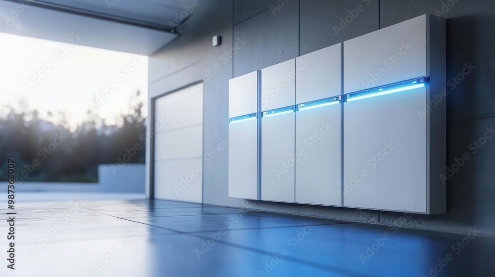 futuristic home battery storage system sleek white panels with glowing ...
