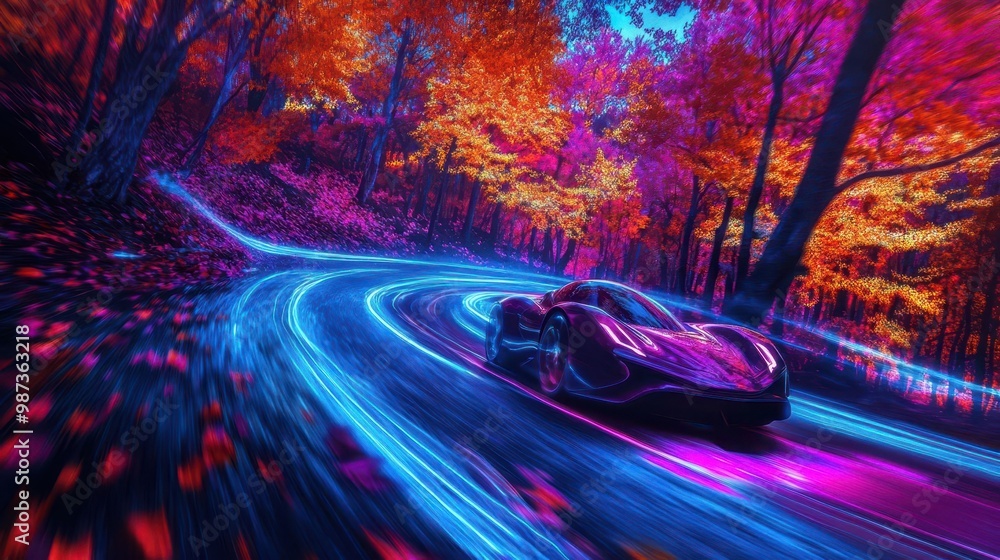 futuristic hover car racing through neonlit autumn forest holographic leaves swirling in its wake bioluminescent trees lining the serpentine road streaks of light painting the scene futuristic hover car racing through neonlit autumn forest holographic leaves swirling in its wake bioluminescent trees lining the serpentine road streaks of light painting the scene