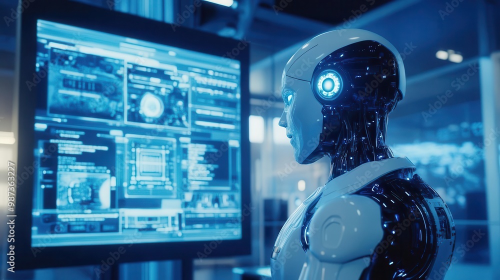 futuristic humanoid robot engaged in conversation holographic interface sleek lab setting blue glow futuristic humanoid robot engaged in conversation holographic interface sleek lab setting blue glow