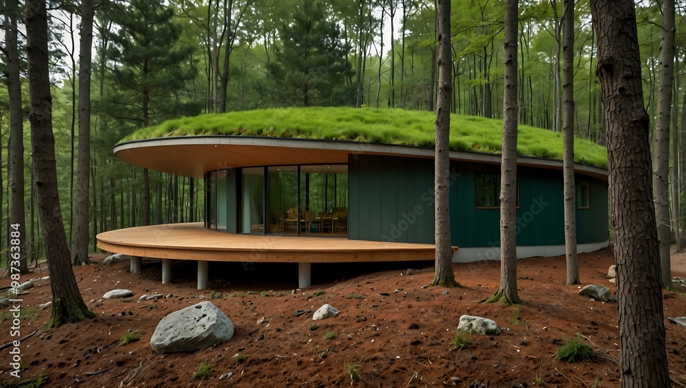 Curved home with a green roof in a wooded area. Curved home with a green roof in a wooded area.