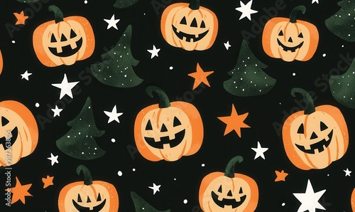 Halloween Pattern with Jack-o'-Lanterns, Stars, and Witch Hats on Black