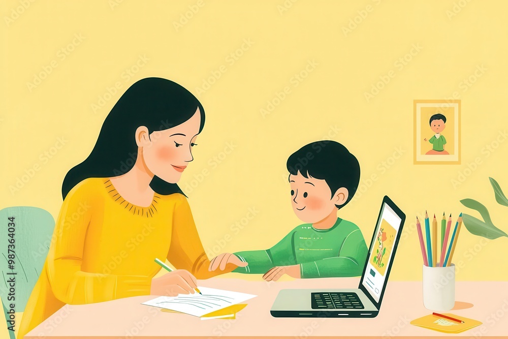 Mother and child learning together in a bright yellow room Mother and child learning together in a bright yellow room
