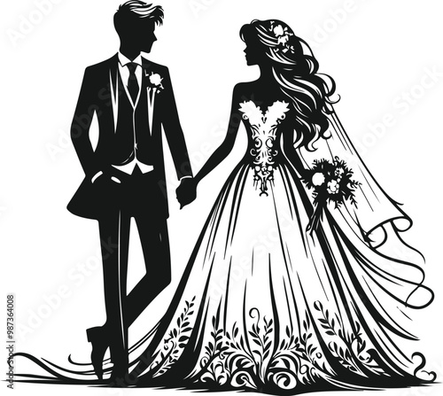 weeding husband wife, romantic couple and Kissing couple silhouette vector design.