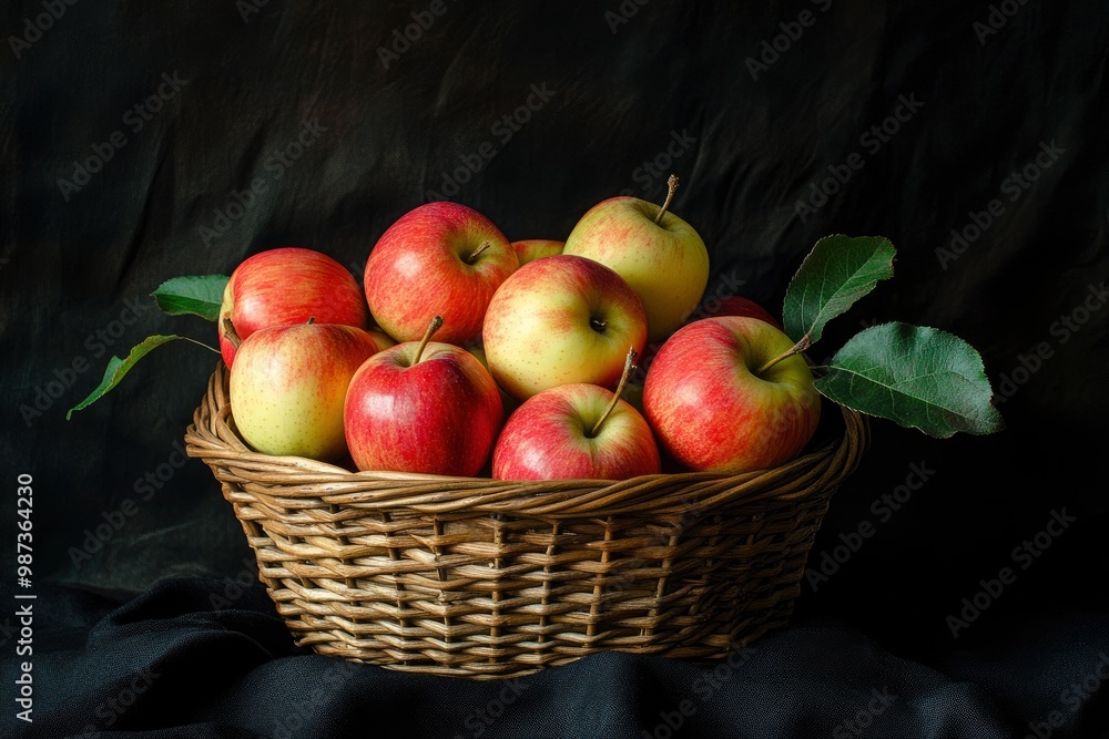 apples in basket on black backdrop , ai apples in basket on black backdrop , ai