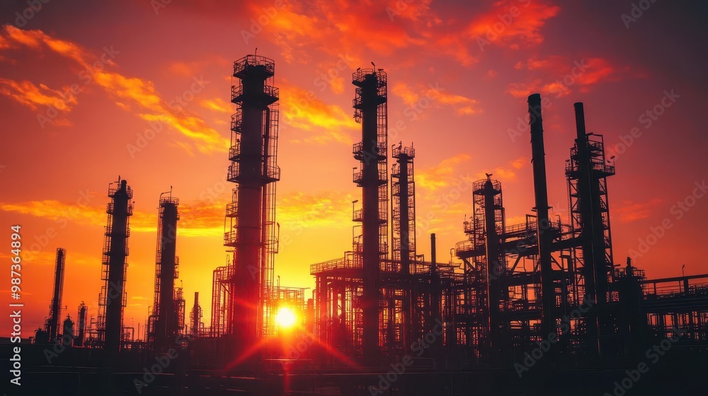 futuristic oil refinery at dusk gleaming pipes against vibrant orange sky dramatic silhouettes complex industrial geometry environmental contrast theme futuristic oil refinery at dusk gleaming pipes against vibrant orange sky dramatic silhouettes complex industrial geometry environmental contrast theme