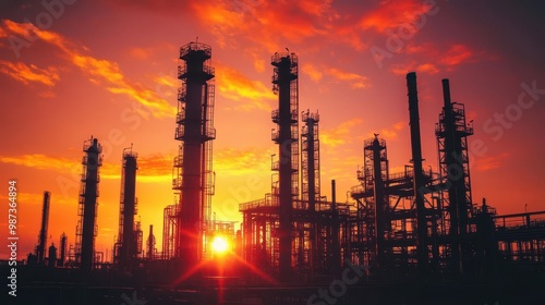 futuristic oil refinery at dusk gleaming pipes against vibrant orange sky dramatic silhouettes complex industrial geometry environmental contrast theme