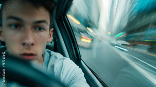 A teenager behind the wheel of a speeding car, depicting reckless driving and the dangers of street racing, with blurred scenery to emphasize speed and potential accidents. photo