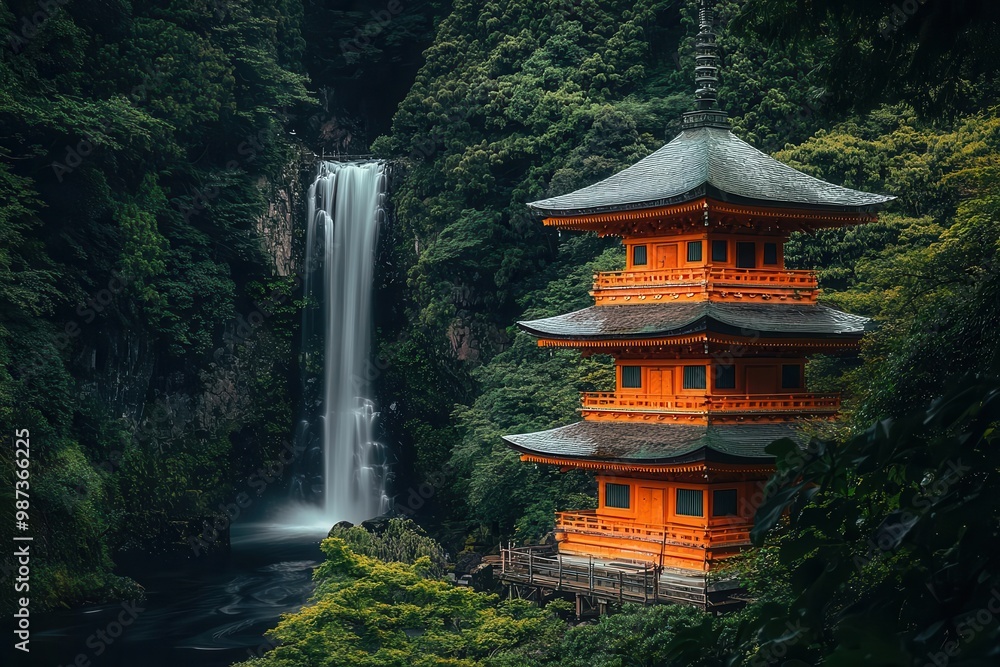 Traditional Orange Pagoda with Lush Greenery and Elegant Waterfall Traditional Orange Pagoda with Lush Greenery and Elegant Waterfall