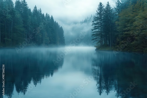 Misty Blue Lake Surrounded by Forested Mountains and Fog