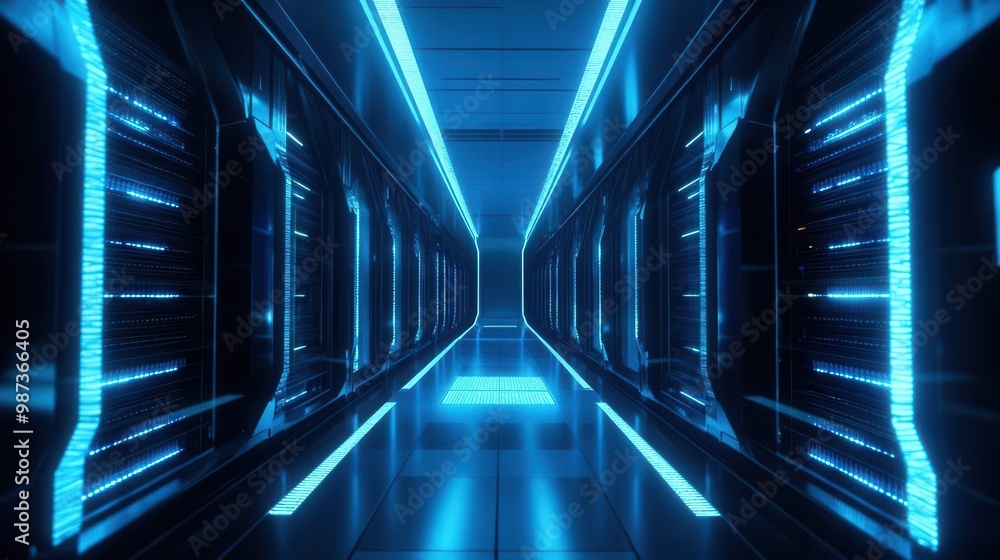 futuristic server room bathed in cool blue light rows of sleek glowing server racks create a mesmerizing pattern of leds stretching into the distance futuristic server room bathed in cool blue light rows of sleek glowing server racks create a mesmerizing pattern of leds stretching into the distance