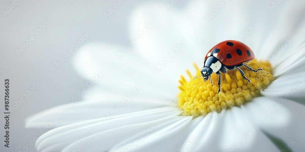 A close-up view of a ladybug resting on a white daisy flower. The vibrant red of the ladybug contrasts beautifully with the soft white petals. This photo captures the essence of nature A close-up view of a ladybug resting on a white daisy flower. The vibrant red of the ladybug contrasts beautifully with the soft white petals. This photo captures the essence of nature