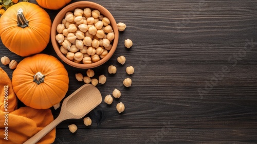 A clay plate holds pumpkin seeds and chickpeas, accompanied by a wooden scoop. The dark wooden table is adorned with seasonal pumpkins and colorful autumn leaves.