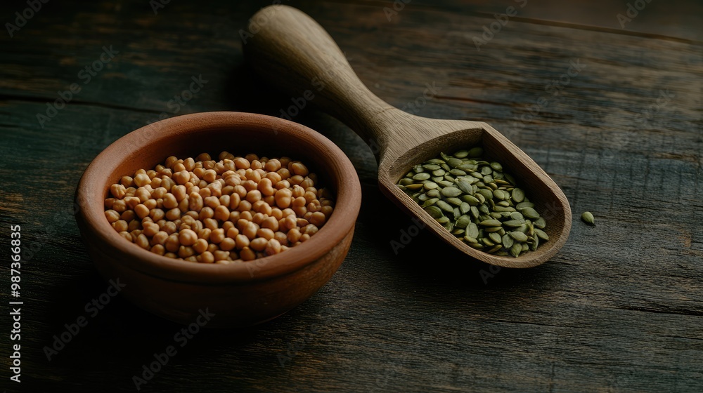 A clay plate holds pumpkin seeds and chickpeas, accompanied by a wooden scoop. The dark wooden table is adorned with seasonal pumpkins and colorful autumn leaves. A clay plate holds pumpkin seeds and chickpeas, accompanied by a wooden scoop. The dark wooden table is adorned with seasonal pumpkins and colorful autumn leaves.