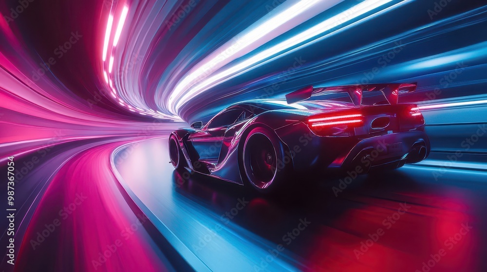 futuristic sports car with sleek aerodynamic design speeding through neonlit tunnel long exposure light trails emphasize sense of velocity and energy futuristic sports car with sleek aerodynamic design speeding through neonlit tunnel long exposure light trails emphasize sense of velocity and energy