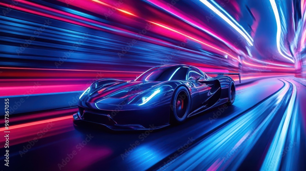 futuristic sports car with sleek aerodynamic design speeding through neonlit tunnel long exposure light trails emphasize sense of velocity and energy futuristic sports car with sleek aerodynamic design speeding through neonlit tunnel long exposure light trails emphasize sense of velocity and energy