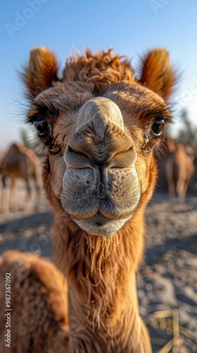 A close-up image of an inquisitive camel looking directly into the camera, showcasing the camel's facial features and expression in a desert environment