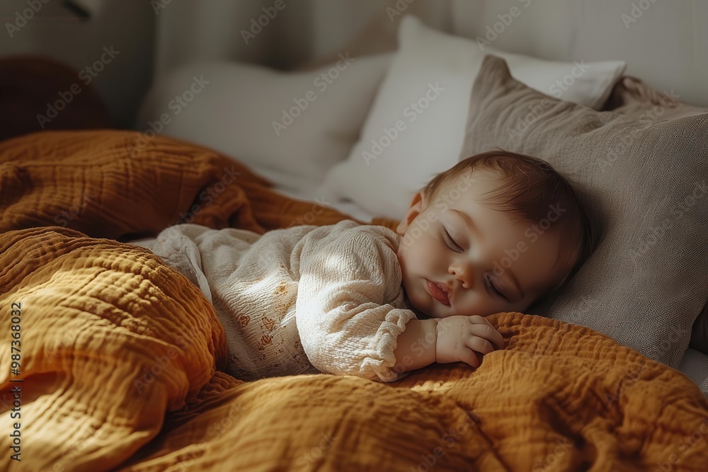 Peaceful Sleeping Baby on Soft Yellow Bedspread in Cozy Bedroom Peaceful Sleeping Baby on Soft Yellow Bedspread in Cozy Bedroom