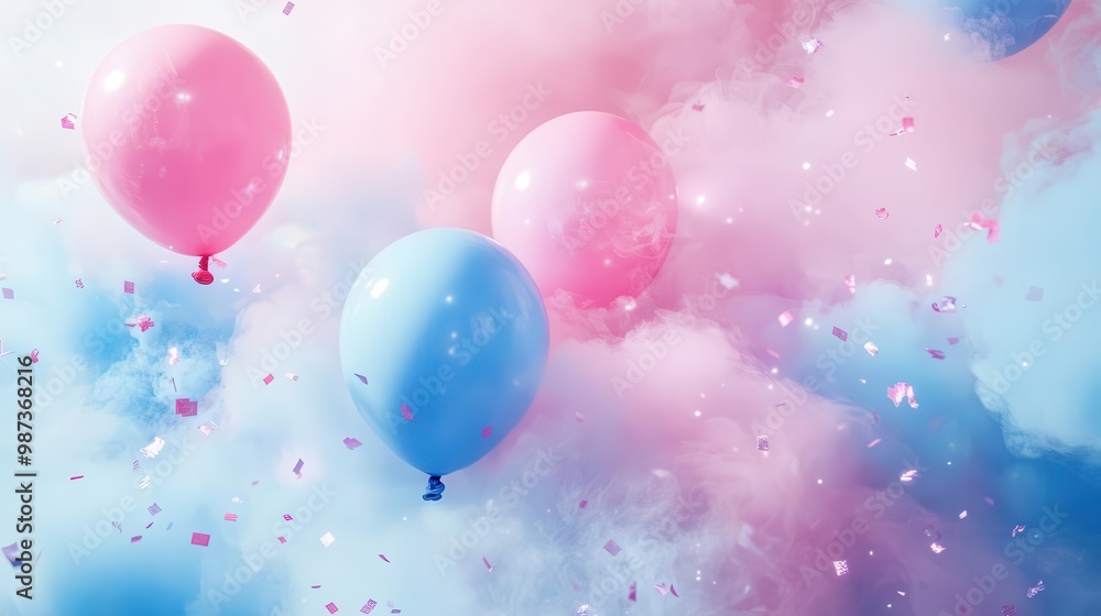 gender reveal celebration ethereal blend of pastel blue and pink smoke clouds with festive balloons and shimmering confetti joyful and magical party atmosphere gender reveal celebration ethereal blend of pastel blue and pink smoke clouds with festive balloons and shimmering confetti joyful and magical party atmosphere