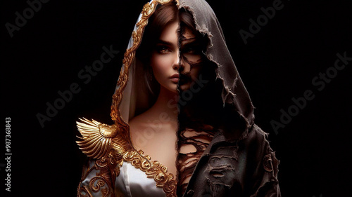 Portrait of a mysterious girl who is both a sinner and a saint. Half of her is dressed in an exquisite dress decorated with gold and silver patterns, while the other half is dressed in torn, dark.