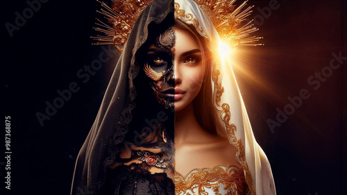 Portrait of a mysterious girl who is both a sinner and a saint. Half of her is dressed in an exquisite dress decorated with gold and silver patterns, while the other half is dressed in torn, dark.