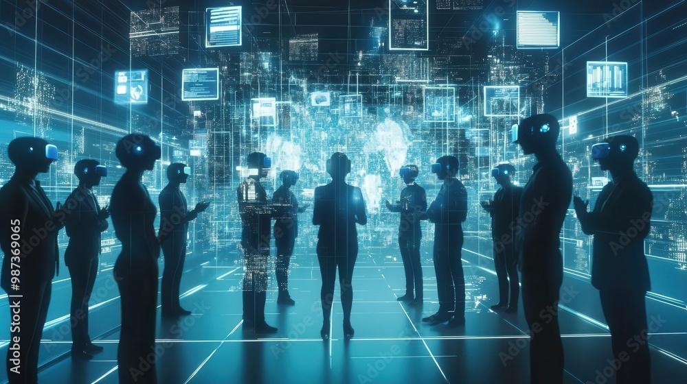 global business summit in virtual reality space diverse avatars networking holographic data visualizations floating between participants futuristic conference room elements global business summit in virtual reality space diverse avatars networking holographic data visualizations floating between participants futuristic conference room elements