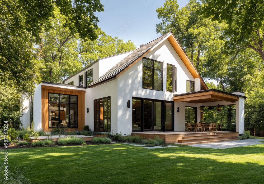 A modern white house with wooden accents, black windows and doors on the side, a large front yard with green grass A modern white house with wooden accents, black windows and doors on the side, a large front yard with green grass