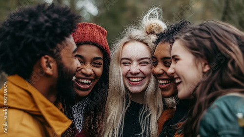 A group of friends from different cultural backgrounds laughing together outdoors in a park, capturing a moment of pure happiness and togetherness in a diverse world. 