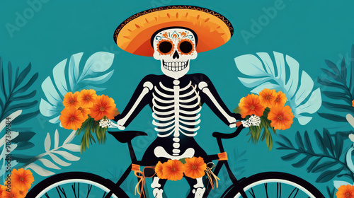 Skeleton cycling through a field of flowers, colorful illustration, vector, summer sport,Day of the Dead photo