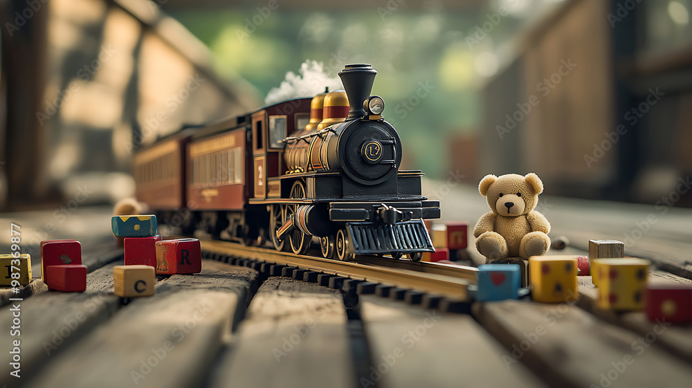 Fototapeta premium An antique toy train set on a wooden track, surrounded by vintage blocks and teddy bears, capturing the timeless joy of classic toys from the early 20th century.