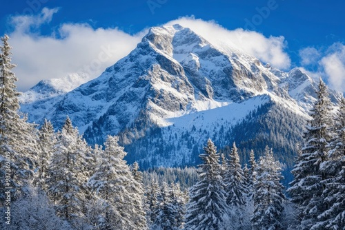 Mountain peak in snow, Zakopane, Poland, ai