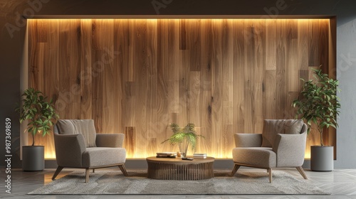 Modern luxury living room with two armchairs and a coffee table with nice small plant on it, wooden wall panels on both sides, nice clean wall at center