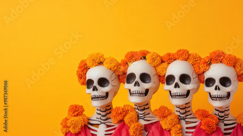 Skeleton bride and groom exchanging marigolds, vibrant traditional attire, celebrating eternal love on Day of the Dead photo