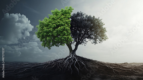 A split image of two trees: one vibrant and full of life with green leaves, the other dark and withered, with intertwining roots, symbolizing the contrast between good and evil in a single landscape.
