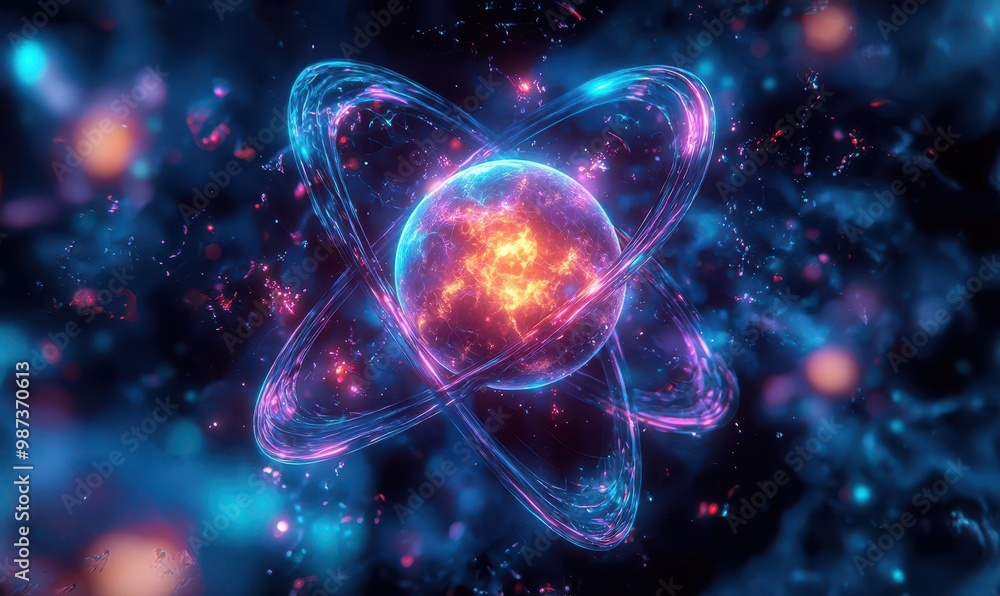 Vibrant digital art of an atomic structure with colorful cosmic hues Vibrant digital art of an atomic structure with colorful cosmic hues