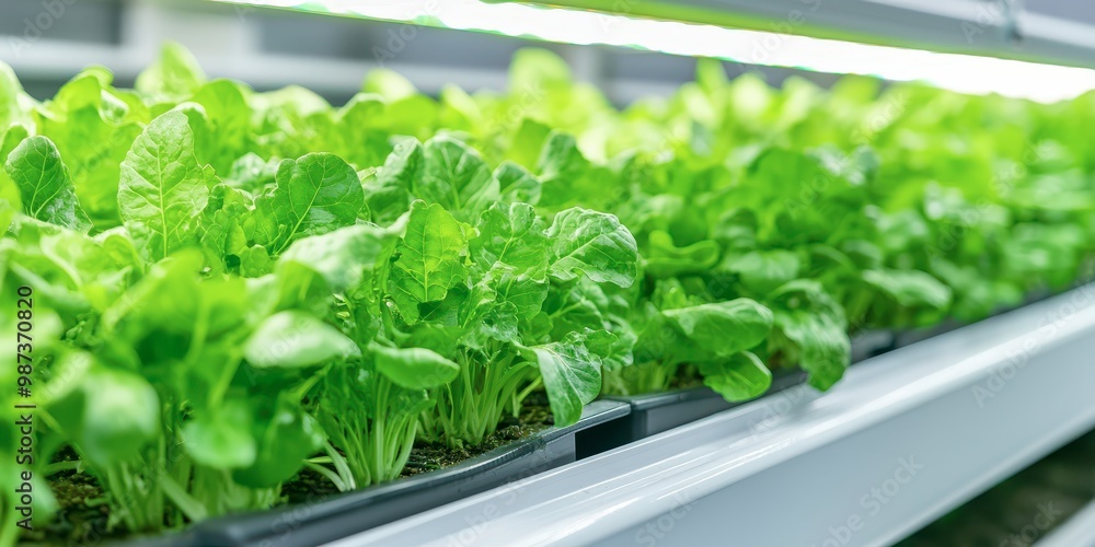 A vibrant row of lush, green lettuce growing in a controlled indoor environment, showcasing modern hydroponic farming techniques. A vibrant row of lush, green lettuce growing in a controlled indoor environment, showcasing modern hydroponic farming techniques.