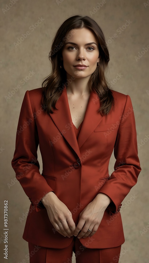 Elegant portrait of a woman in a red suit against a neutral background. Elegant portrait of a woman in a red suit against a neutral background.
