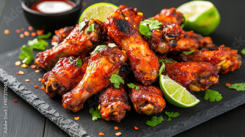 Grilled chicken wings with vegetables on a black plate photo