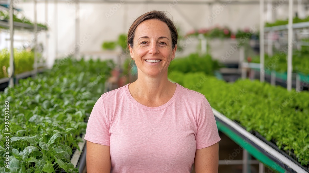 A smiling woman stands in a greenhouse surrounded by vibrant green plants, embodying a connection to agriculture and sustainability. A smiling woman stands in a greenhouse surrounded by vibrant green plants, embodying a connection to agriculture and sustainability.