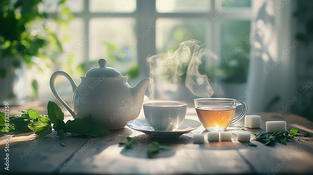 An elegant tea set on a wooden table with elegant porcelain cups and a teapot, surrounded by soft light from the window. Fresh herbs - mint and chamomile - are lying nearby. An elegant tea set on a wooden table with elegant porcelain cups and a teapot, surrounded by soft light from the window. Fresh herbs - mint and chamomile - are lying nearby.