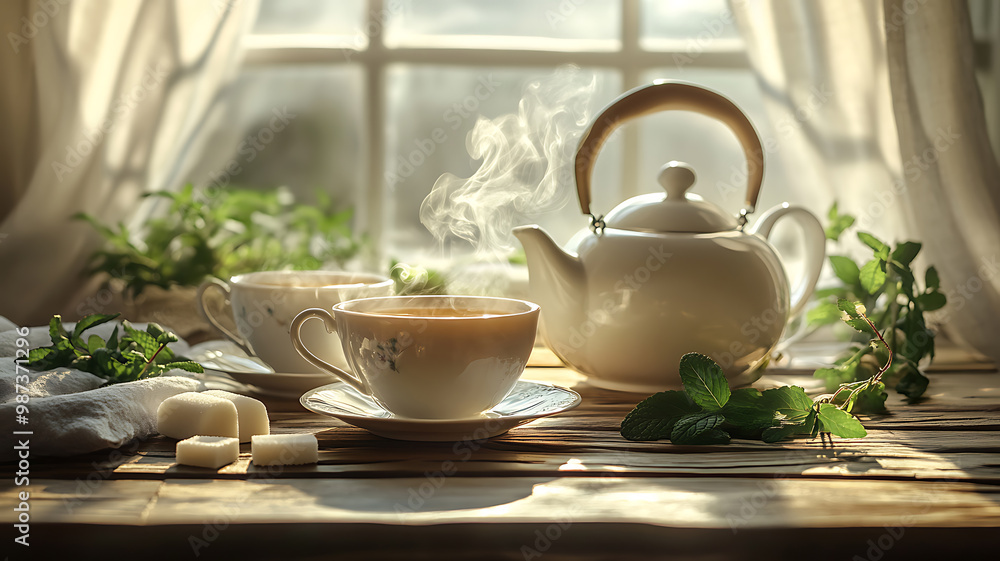 An elegant tea set on a wooden table with elegant porcelain cups and a teapot, surrounded by soft light from the window. Fresh herbs - mint and chamomile - are lying nearby. An elegant tea set on a wooden table with elegant porcelain cups and a teapot, surrounded by soft light from the window. Fresh herbs - mint and chamomile - are lying nearby.