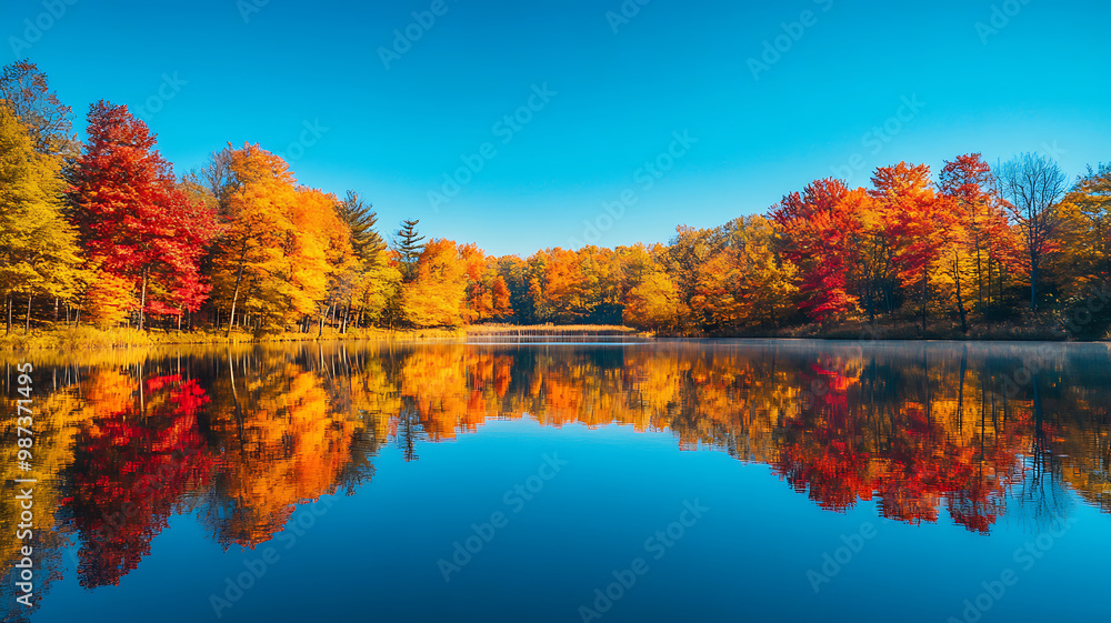 A lake surrounded by colorful autumn trees, with glimpses of red, yellow and orange leaves shimmering on the water's surface. The clear blue sky contrasts with the warm colors of the landscape. A lake surrounded by colorful autumn trees, with glimpses of red, yellow and orange leaves shimmering on the water's surface. The clear blue sky contrasts with the warm colors of the landscape.