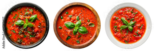 A set of pappa al pomodoro isolated on white or transparent background. Close-up Pappa al pomodoro in a wooden and black plate. Top view. Traditional spanish dish. photo