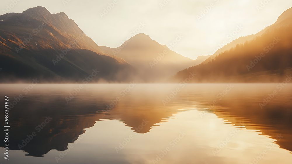 Obraz premium A mountain lake at dawn, with the water perfectly reflecting the surrounding peaks and soft golden light. A light mist rises from the surface, adding a sense of calm and purity.
