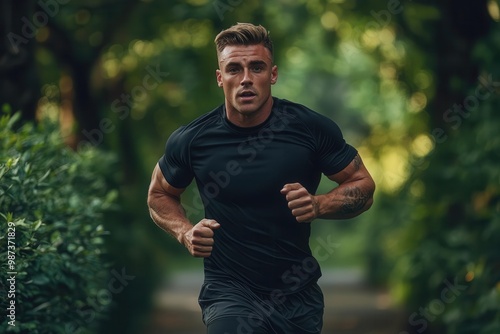 Fitness Enthusiast Running Outdoors in Green Forest Environment