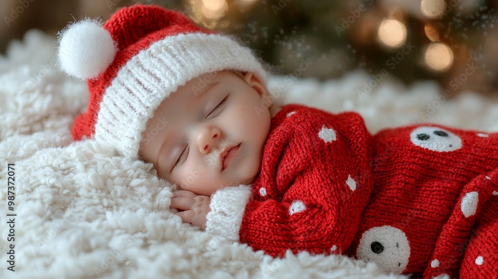 child in santa claus clothes sleeping on fluffy bed. child in santa claus clothes sleeping on fluffy bed.