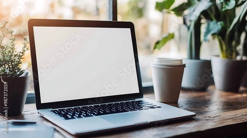 Open laptop with blank screen on wooden desk, ideal for mockups and digital presentations in a cozy workspace setting.