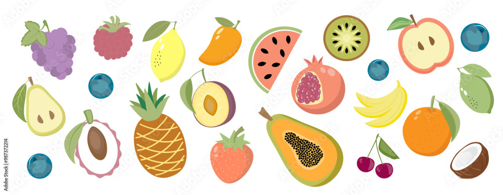 Set of fruits and berries, organic vitamins and healthy food. On a white background. Sticker collection. Set of fruits and berries, organic vitamins and healthy food. On a white background. Sticker collection.