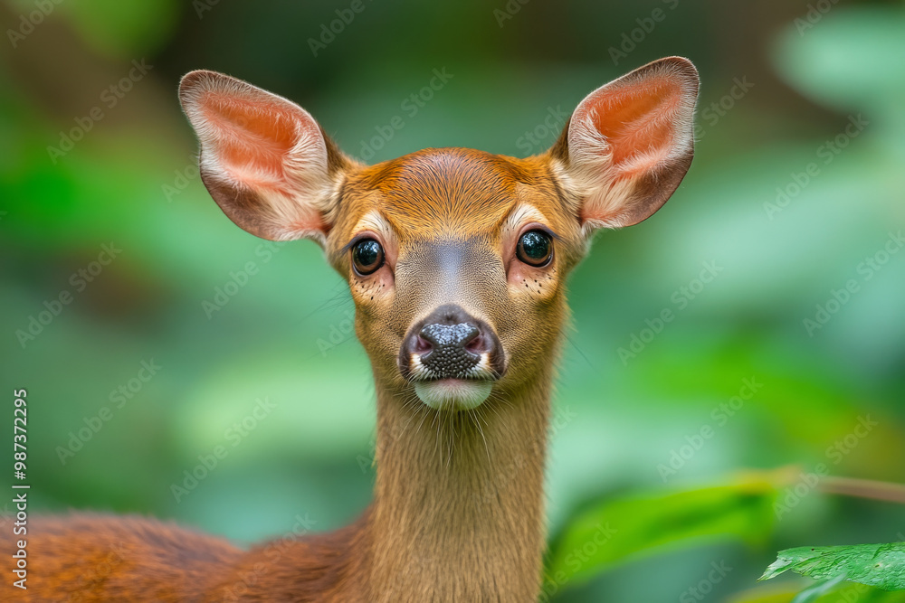 Close-up portrait of a Sambar deer in a lush forest, showcasing its distinctive features and curious expression during daylight Close-up portrait of a Sambar deer in a lush forest, showcasing its distinctive features and curious expression during daylight