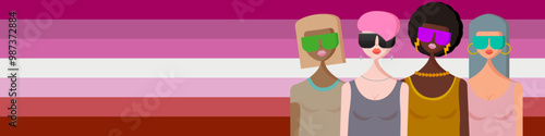 lesbians couple with four woman standing front of lesbian flag. Pride month and pride day horizontal poster with lesbians woman with sunglasses. Pride month wide banner with lesbian flag and people