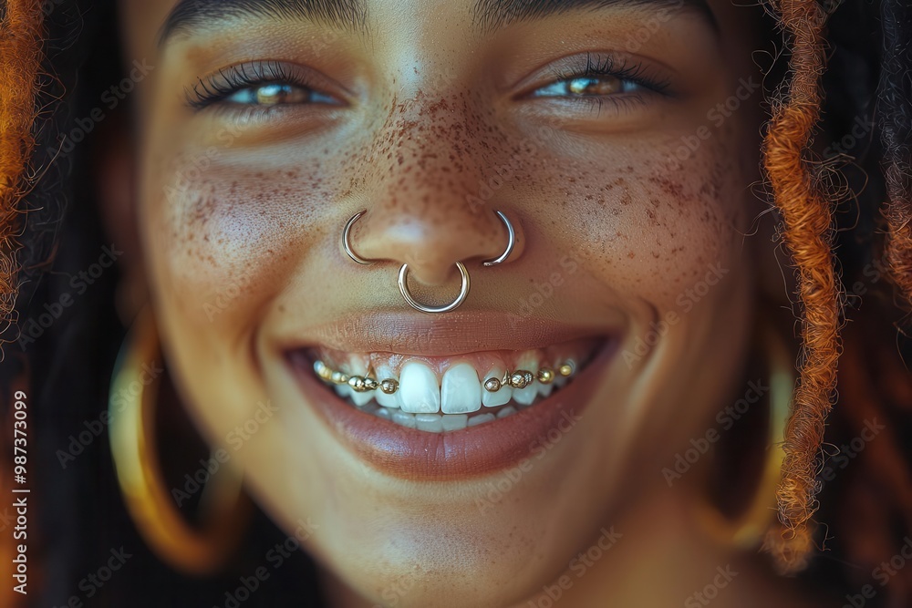Vibrant Portrait of Smiling Person with Freckles and Nose Rings Vibrant Portrait of Smiling Person with Freckles and Nose Rings